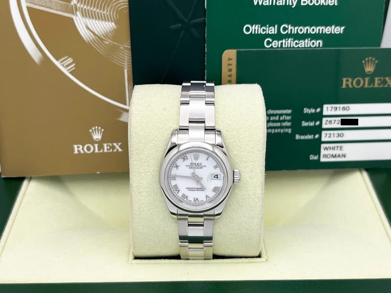 Rolex Ladies Datejust 179160 White Roman Dial Stainless Steel Box Paper