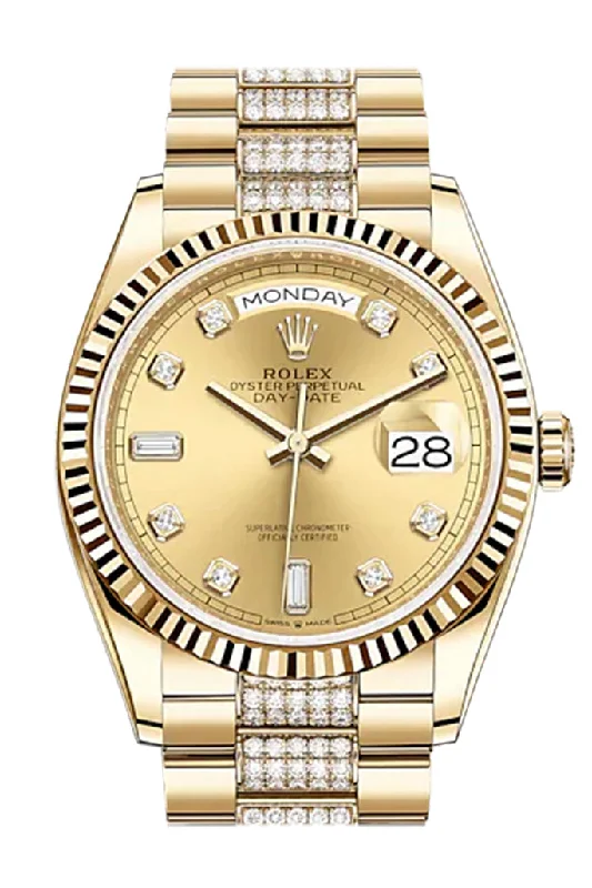 Rolex Day-Date 36 Champagne Diamond Dial 18K Yellow Gold Watch Diamond set president Bracelet 128238