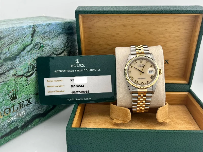 Rolex Datejust 16233 Cream Roman Dial 18k Gold Steel Box Service Paper