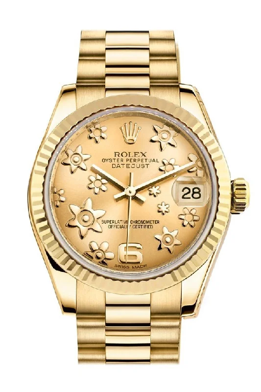 Rolex Datejust 31 Champagne Floral Motif Dial Fluted Bezel 18K Yellow Gold President Ladies Watch 178278