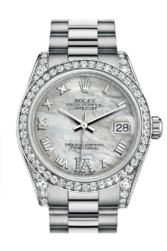 Rolex Datejust 31 White mother-of-pearl Large VI Dial Diamond Bezel Lug 18K White Gold President Ladies Watch 178159