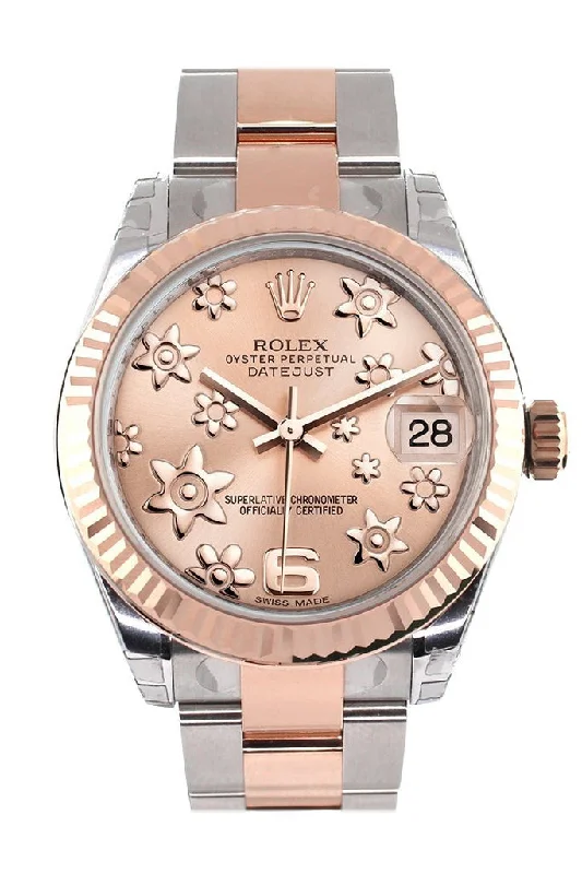 Rolex Datejust 31 Pink Raised Floral Motif Dial Fluted Bezel 18K Rose Gold Two Tone Ladies Watch 178271