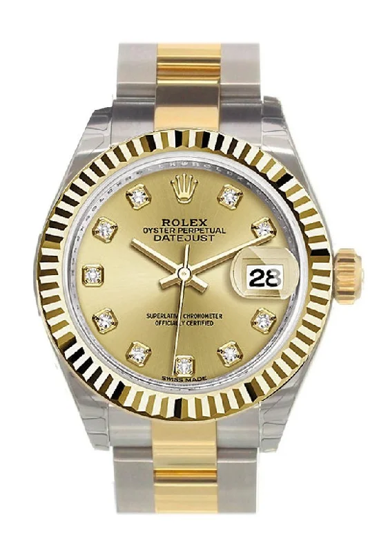 Rolex Datejust 28 Champagne Diamond Dial Fluted Yellow Gold Two Tone Ladies Watch 279173