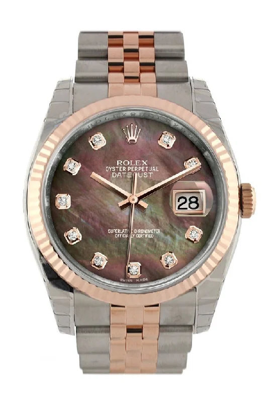 Rolex Datejust 36 Black mother-of-pearl set with diamonds Dial Fluted Steel and 18k Rose Gold Jubilee Watch 116231