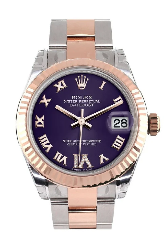 Rolex Datejust 31 Purple Roman Large VI set with Diamond Dial Fluted Bezel 18K Rose Gold Two Tone Ladies Watch 178271