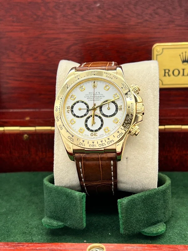 Rolex Daytona 16518 White Diamond Dial  Inverted 6 18K Yellow Gold Leather Band