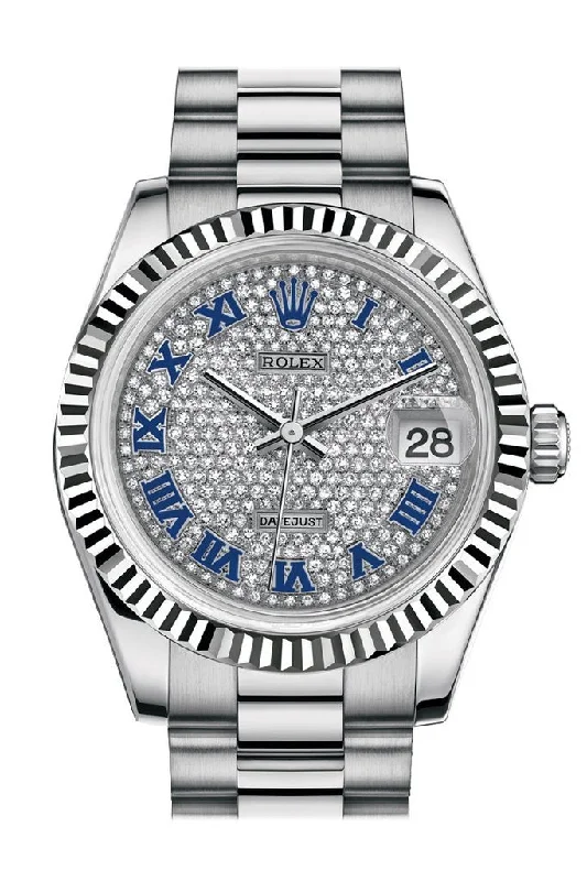 Rolex Datejust 31 Diamond-paved Roman Dial Fluted Bezel 18K White Gold President Ladies Watch 178279