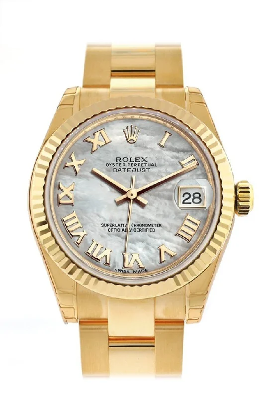 Rolex Datejust 31 White Mother of Pearl Roman Dial Fluted Bezel 18K Yellow Gold Ladies Watch 178278