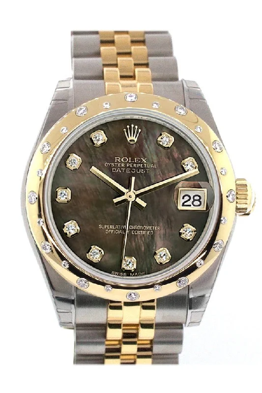 Rolex Datejust 31 Black Mother of Pearl Diamonds Dial Diamond Bezel 18K Gold Two Tone Jubilee Ladies 178343