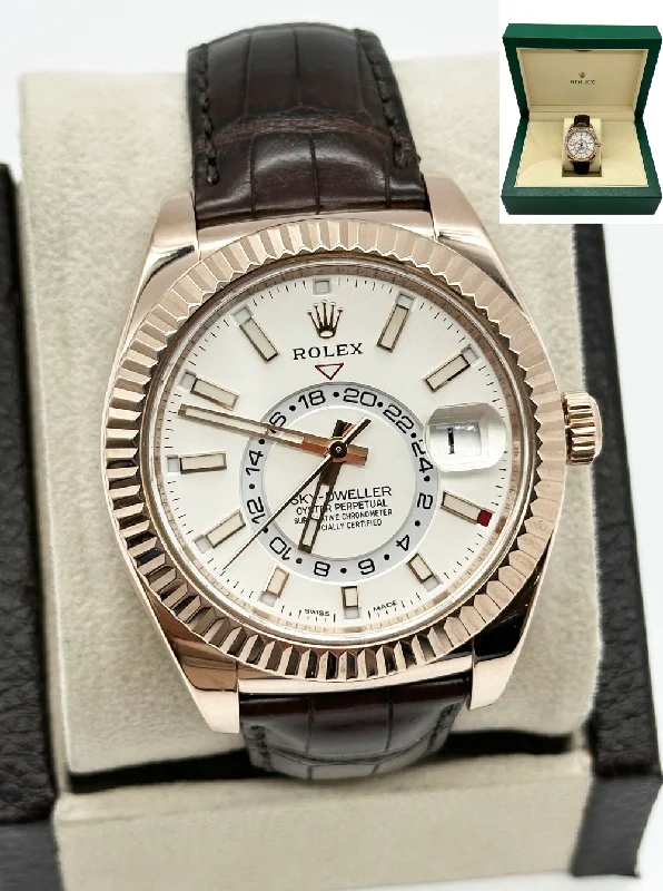 Rolex Sky Dweller 326135 42mm Rose Gold White Dial Leather Strap Rolex Box