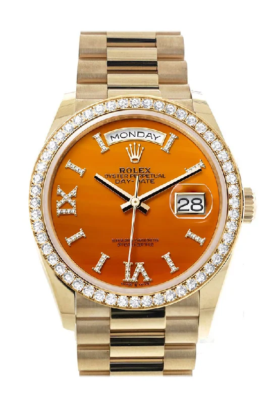 Rolex Day-Date 36 Carnelian Dial Gold Diamond Bezel Watch 128348RBR-0049 128348RBR