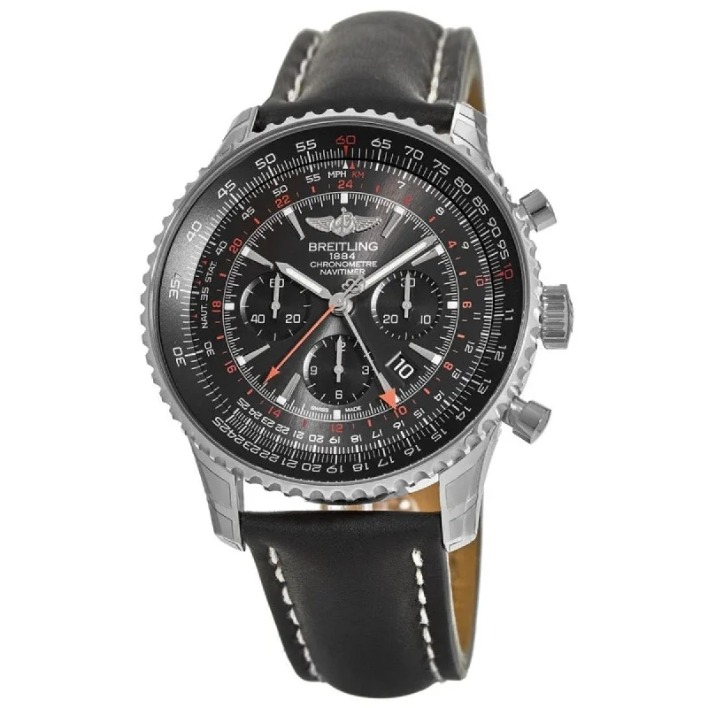 Breitling Men's AB04413A-F573-441X Navitimer GMT Chronograph Black Leather Watch