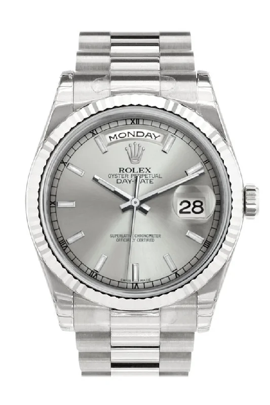 Rolex Day-Date 36 Silver Dial Fluted Bezel President White Gold Watch 118239