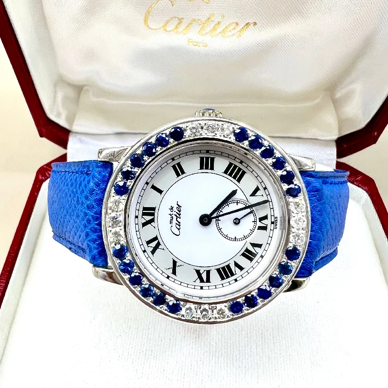 CARTIER RONDE 32mm Quartz Silver 0.52TCW DIAMONDS & 2.52TCW Blue SAPPHIRES Watch