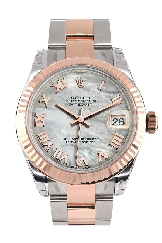 Rolex Datejust 31 White Mother of Pearl Roman Dial Fluted Bezel 18K Rose Gold Two Tone Ladies Watch 178271