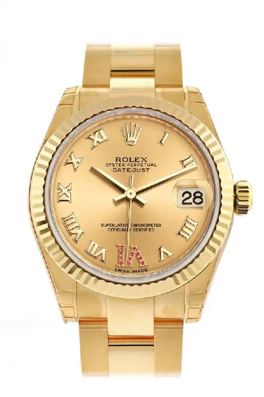 Rolex Datejust 31 Champagne Large VI Rubies Dial Fluted Bezel 18K Yellow Gold Ladies Watch 178278