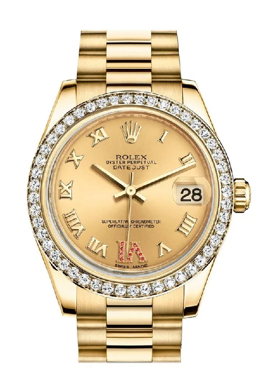 Rolex Datejust 31 Champagne Large VI Rubies Dial Diamond Bezel 18K Yellow Gold President Ladies Watch 178288