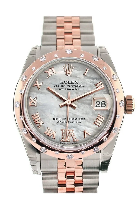 Rolex Datejust 31 White Mother of Pearl Roman Large VI set with Diamond Dial Diamond Bezel 18K Rose Gold Two Tone Jubilee Ladies Watch 178341