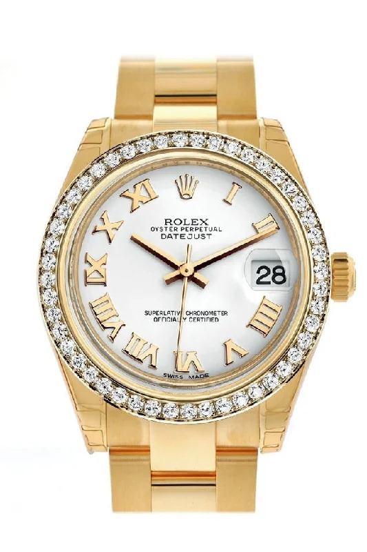 Rolex Datejust 31 White Roman Dial Diamond Bezel 18K Yellow Gold Ladies Watch 178288