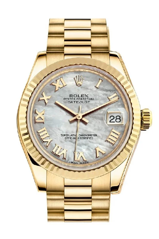 Rolex Datejust 31 White Mother of Pearl Roman Dial Fluted Bezel 18K Yellow Gold President Ladies Watch 178278