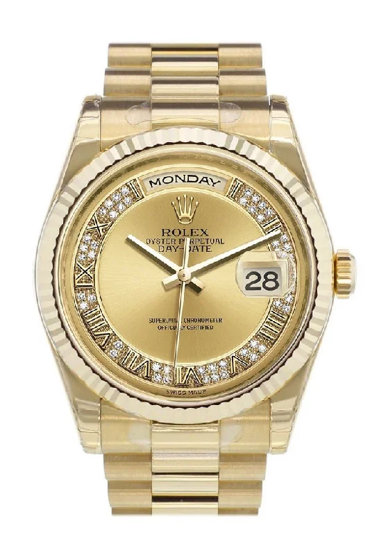 Rolex Day-Date 36 Champagne-colour set with diamonds Dial Fluted Bezel President Yellow Gold Watch 118238