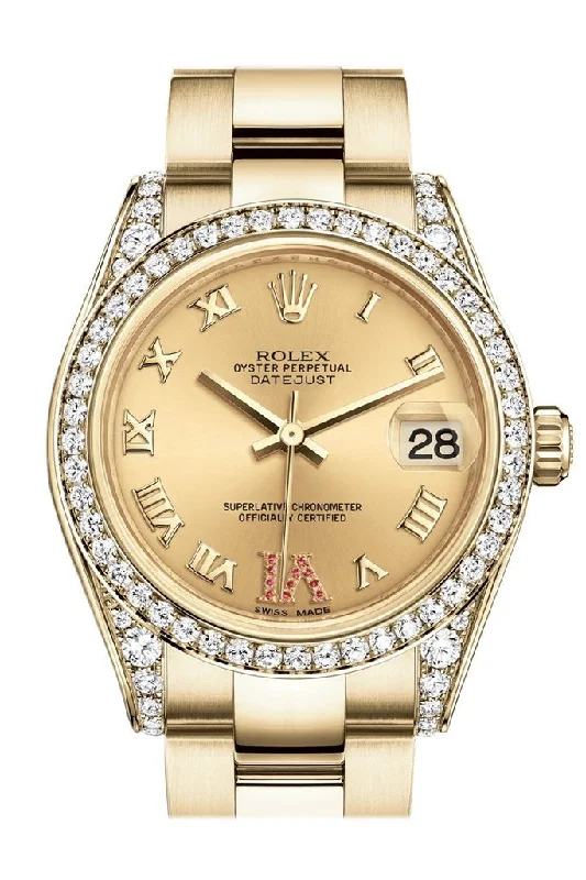 Rolex Datejust 31 Champagne Large VI Rubies Dial Diamond Bezel Lug 18K Yellow Gold Ladies Watch 178158