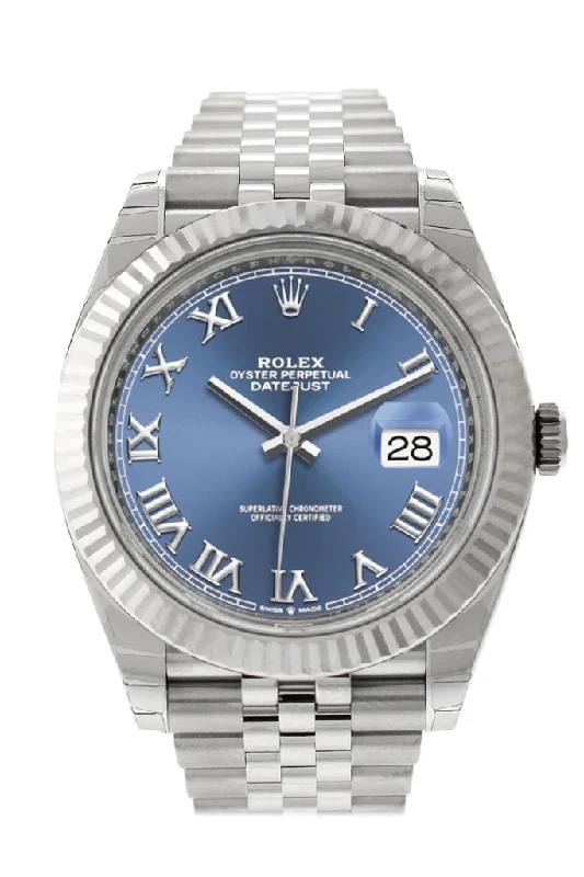 Rolex Datejust 41 Blue Roman Dial White Gold Fluted Bezel Jubilee Mens Watch 126334