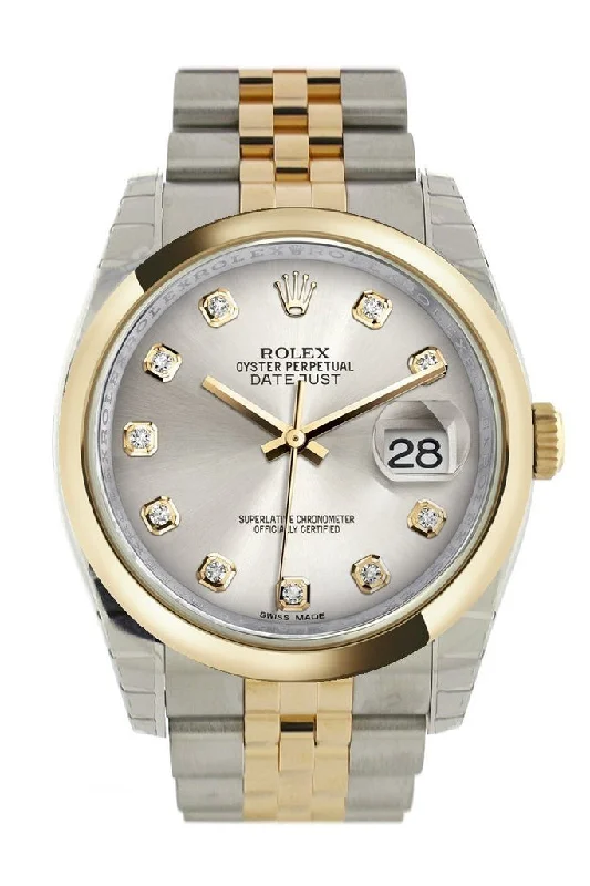 Rolex Datejust 36 Silver Diamond Dial 18k Gold Two Tone Jubilee Watch 116203