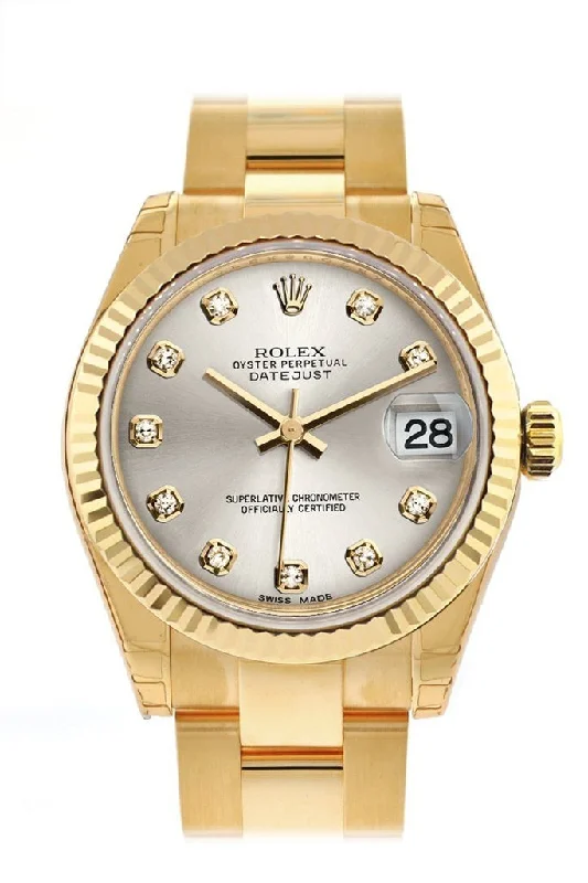 Rolex Datejust 31 Silver Diamond Dial Fluted Bezel 18K Yellow Gold Ladies Watch 178278