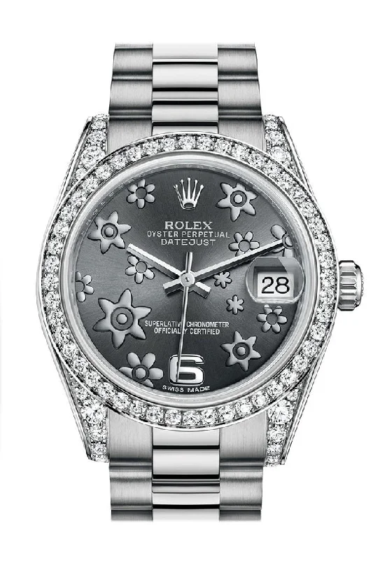 Rolex Datejust 31 Dark Rhodium Raised Floral Motif Dial Diamond Bezel Lug 18K White Gold President Ladies Watch 178159