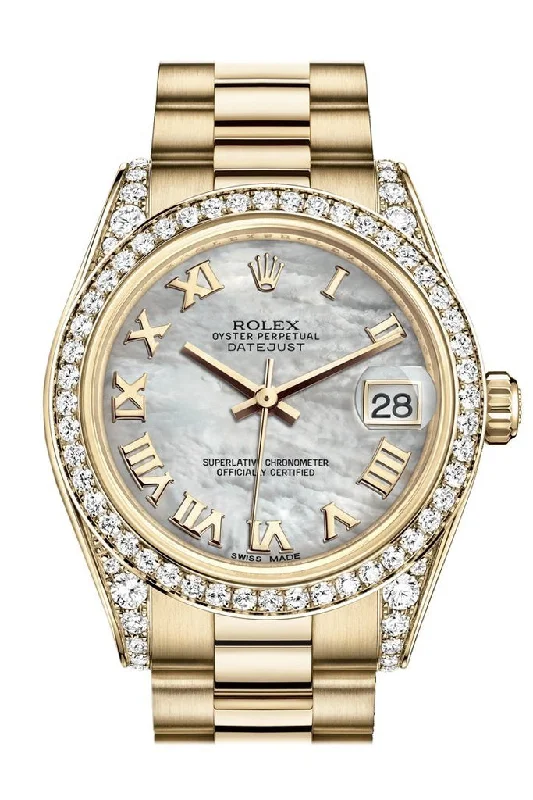 Rolex Datejust 31 White Mother of Pearl Roman Dial Diamond Bezel Lug 18K Yellow Gold President Ladies Watch 178158