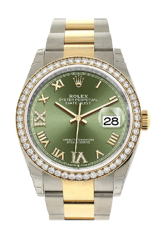 Rolex Datejust 36 Olive Green diamonds Dial Diamond Bezel Oyster Yellow Gold Two Tone Watch 126283RBR 126283 NP