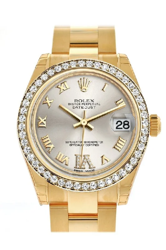 Rolex Datejust 31 Silver Large VI Rubies Dial Diamond Bezel 18K Yellow Gold Ladies Watch 178288