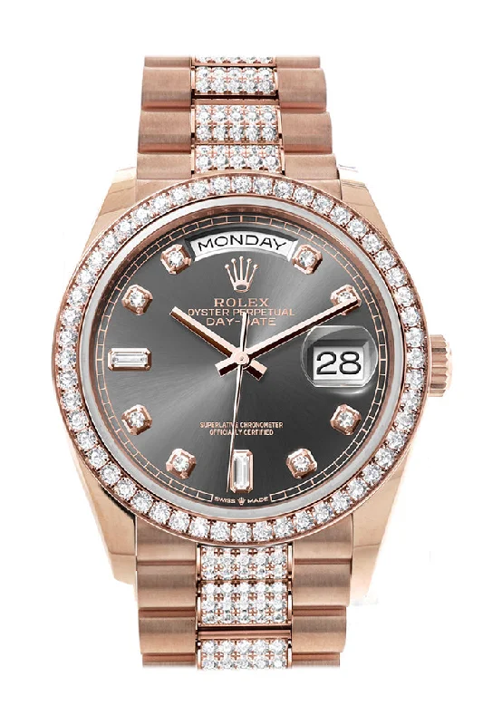 Rolex Day-Date 36 Slate Dial Diamond Bezel 18K Everose Gold Diamond President Watch 128345RBR