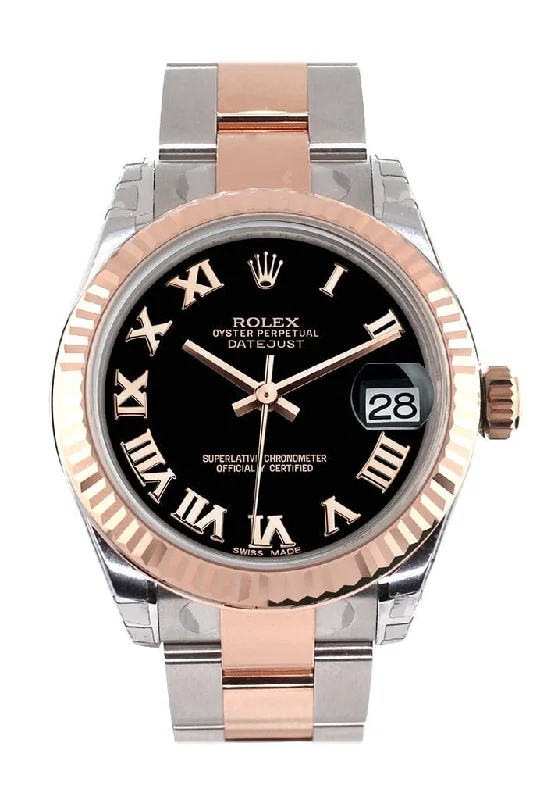 Rolex Datejust 31 Black Roman Dial Fluted Bezel 18K Rose Gold Two Tone Ladies Watch 178271