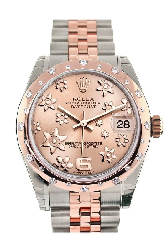 Rolex Datejust 31 Pink Raised Floral Motif Dial Diamond Bezel 18K Rose Gold Two Tone Jubilee Ladies Whatch 178341