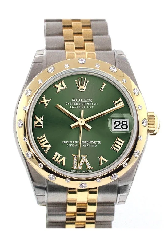 Rolex Datejust 31 Olive Green Roman Large VI Diamond Dial Diamond Bezel 18K Gold Two Tone Jubilee Ladies 178343