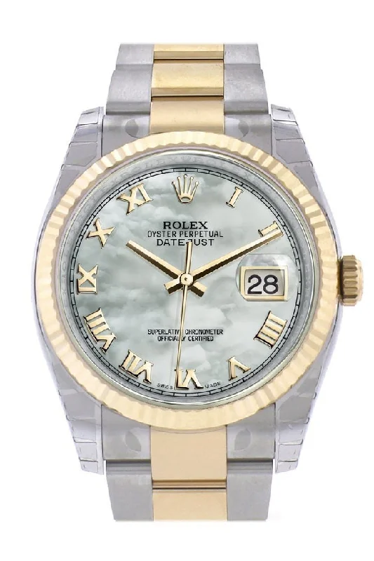 Rolex Datejust 36 White mother-of-pearl Roman Dial Fluted 18K Gold Two Tone Oyster Watch 116233