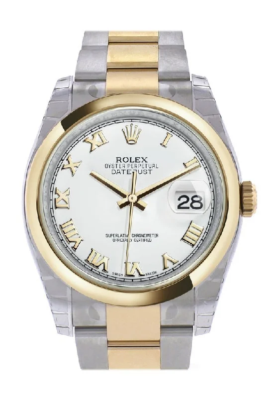 Rolex Datejust 36 White Roman Dial 18k Gold Two Tone Oyster Watch 116203