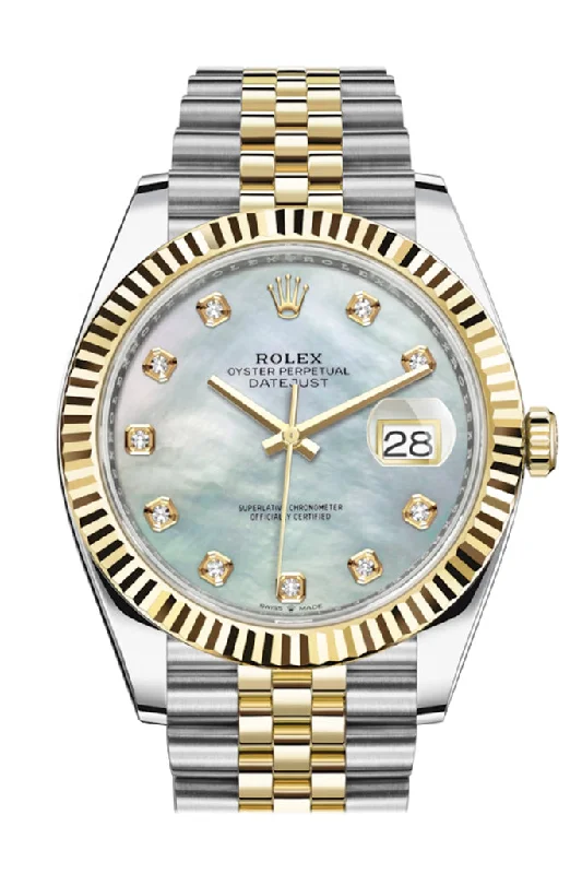 Rolex Datejust 41 Mother of Pearl Diamond Dial Fluted Bezel 18k Yellow Gold Jubilee Mens Watch 126333