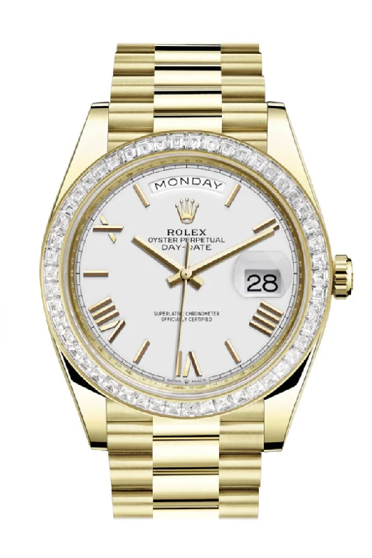 Rolex Day-Date 40 White Roman Dial 40 Baguette Diamond Bezel 18K Yellow Gold President Automatic Men's Watch 228398TBR  228398