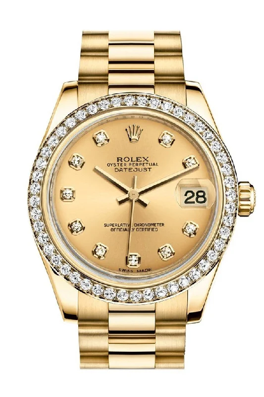 Rolex Datejust 31 Champagne Diamond Dial Diamond Bezel 18K Yellow Gold President Ladies Watch 178288