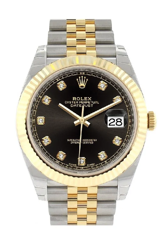 Rolex Datejust 41 Black Diamond Dial Fluted Bezel 18k Yellow Gold Jubilee Mens Watch 126333