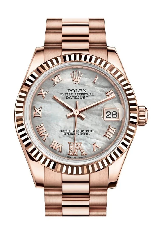 Rolex Datejust 31 White Mother of Pearl Roman Large VI Diamond Dial Fluted Bezel 18K Everose Gold President Ladies Watch 178275