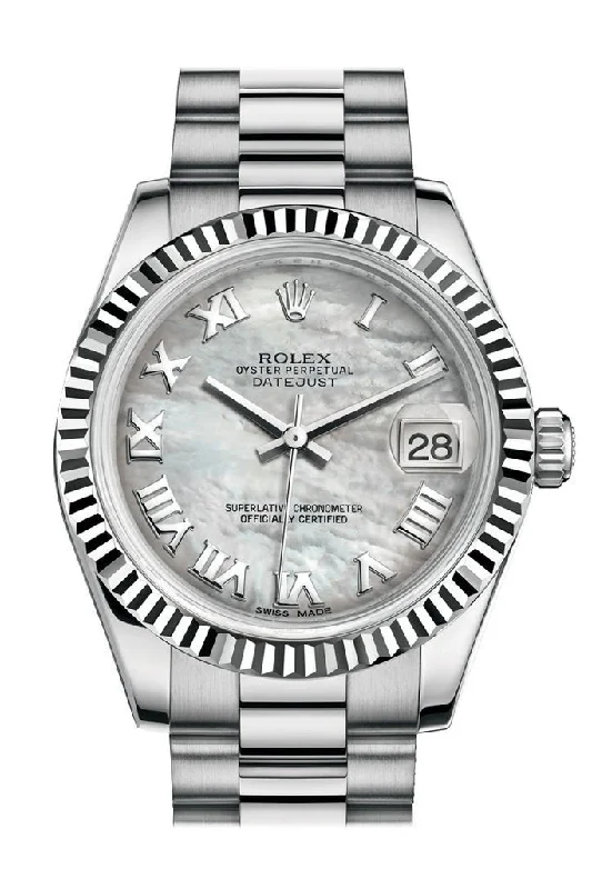 Rolex Datejust 31 White mother-of-pearl Roman Dial Fluted Bezel 18K White Gold President Ladies Watch 178279