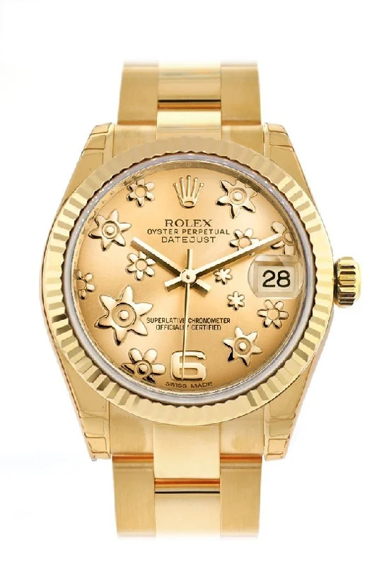 Rolex Datejust 31 Champagne Floral Motif Dial Fluted Bezel 18K Yellow Gold Ladies Watch 178278