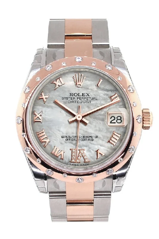 Rolex Datejust 31 White Mother of Pearl Roman Large VI set with Diamond Dial Diamond Bezel 18K Rose Gold Two Tone Ladies Watch 178341