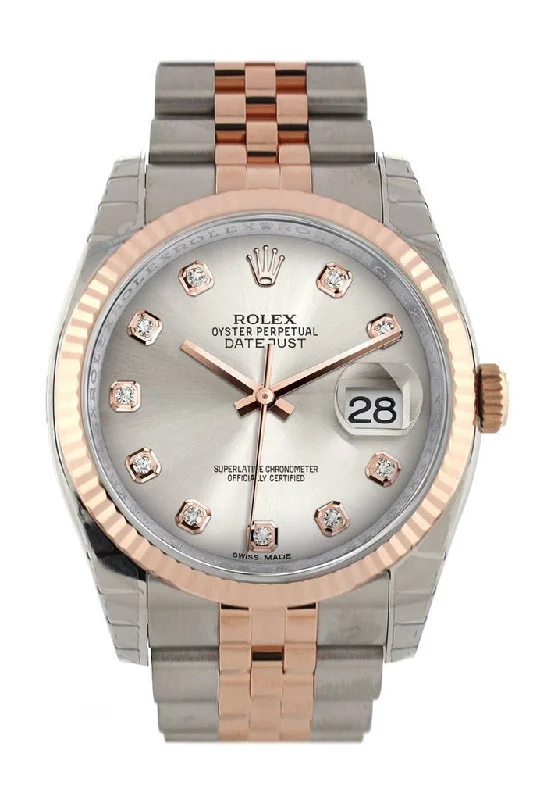 Rolex Datejust 36 Silver set with diamonds Dial Fluted Steel and 18k Rose Gold Jubilee Watch 116231