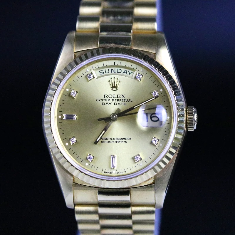 1990 Rolex 18238 Daydate 36mm Factory Diamond Dial with Paper