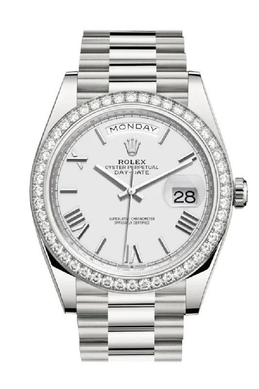 Rolex Day-Date 40 White Roman Dial Diamond Bezel White Gold President Automatic Men's Watch 228349RBR 228349